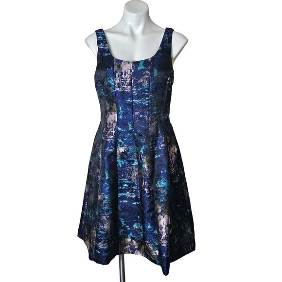 Donna Ricco Blue Brocade Fit & Flare Cocktail Dress, Sleeveless Women's Size 8 - Picture 3 of 13